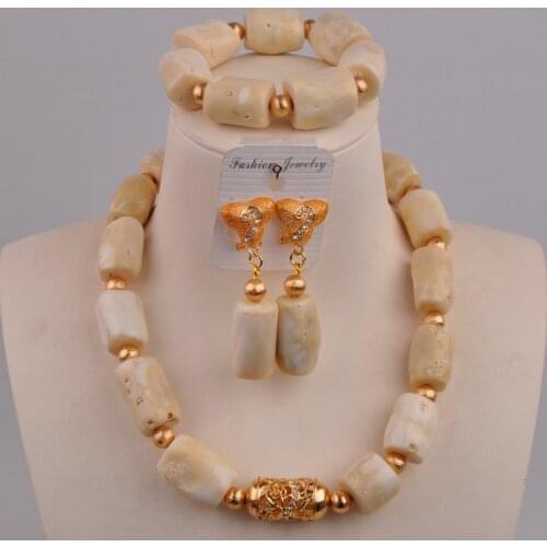 Red/Orange/White Original Coral African Beads Jewelry Set Real Coral Beads and Gold Dubai Women Costume Jewelry Set 21-F1-01