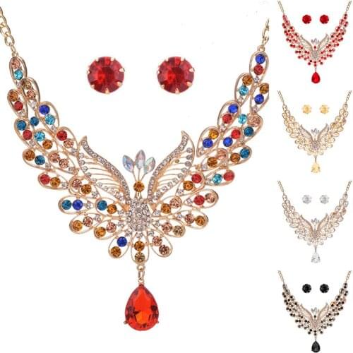 HOT SALES!!! New Arrival Retro Multicolor Rhinestone Hollow Peacock Bib Necklace Ear Studs Jewelry Set Wholesale Dropshipping