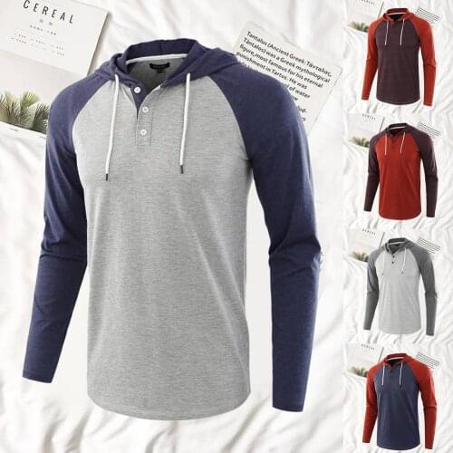 Hoodie Men Long Raglan Sleeve Color Block Buttons Hoodie Drawstring Hood Sweatshirt