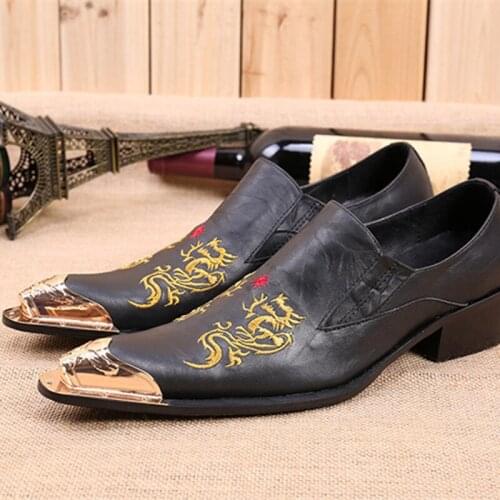 Choudory Dragon embroidery handmade men leather shoes men loafers wedding and party shoes metal tip men flats size 38-46 US12