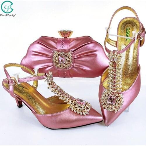 Italian Design Lastest Special Style Pink Color Ladies Shoes and Bag Set Decorated With Rhinestone for Party
