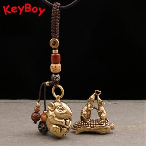 Retro Brass Cute Rat Keychain Pendant DIY Car Key Chain Hanging Jewelry Accessories Metal Zodiac Animal Mouse Figurine Miniature