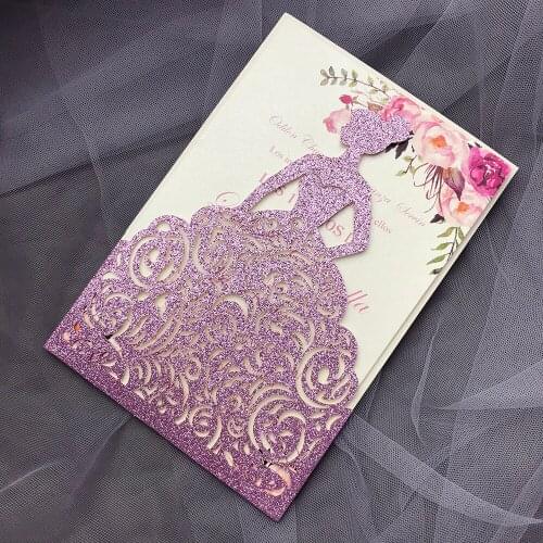 Luxury Purple Glitter Wedding Party Invitation Laser Cut Pocket Quinceanera Invitations Customized Printing