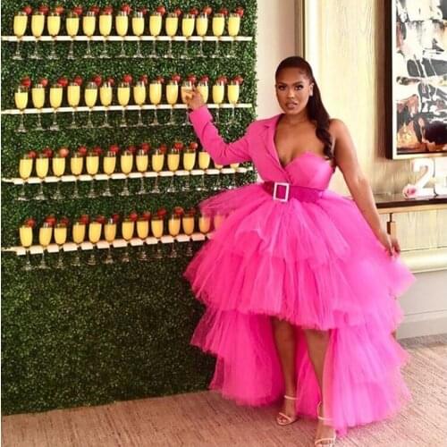 Vestidos Fuchsia High Low Long Women Summer 2020 One Shoulder Ruffles Tiered Tulle Formal Party Dress Hot Pink Long Gowns