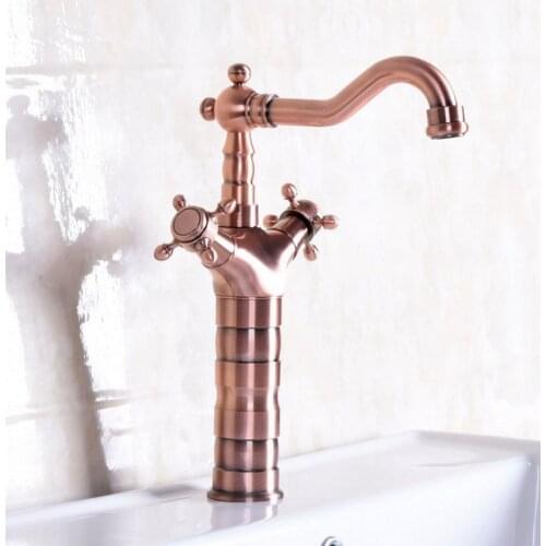 Vintage Red Copper Antique Brass Dual Cross Handles Swivel Spout Bathroom Basin Kitchen Sink Faucet Cold & Hot Mixer Tap anf128