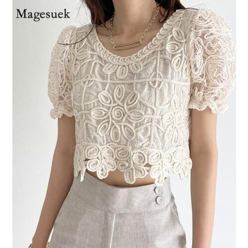 Korean Chic Crochet Lace Shirt Women Elegant Puff Sleeve Summer Woman Blouses Fashion Short Style Female Shirts Slim Tops 15288