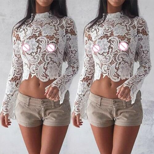 Women Casual Sexy Lace Floral Embroidery Long Sleeve Turtleneck Solid Color Cropped See Through Hollow Out Fashion T-shirt