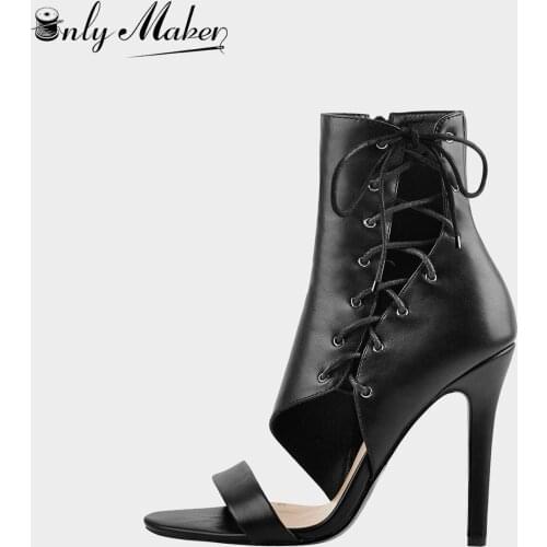 Onlymaker Summer Gothic Gladiator Ankle boots Sandals Side Cross Lace Up Zip Open Toe Black Heels Fashion Shoes Big Size 5-15