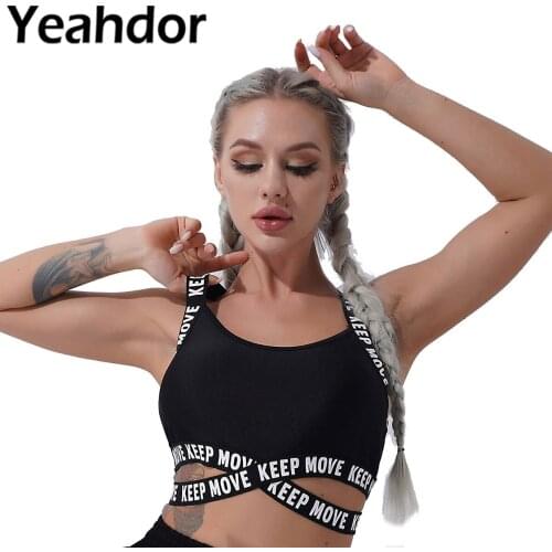 Women Summer Dance Sport Bras Tops Sleeveless Removable Chest Pads Printed Webbing Cropped Vest for Running Gym Yoga Fitness