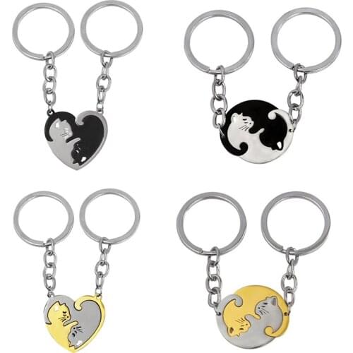 2Pcs/Set!! Stainless Steel Heart Key Ring BFF Couple Key Chain Jewelry His Hers Matching Puzzle Yin Yang Cat Couples Keychains