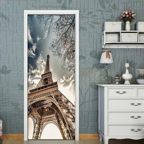 3D Paris Tower Door Sticker Creative DIY Home Decor Decals Self-adhesive Wallpaper Waterproof Door Mural Bedroom Door Renovation