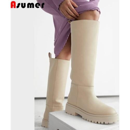 Asumer 2022 New Genuine Leather Boots Women Winter Straight boots Ladies Knee High Boots Fashion Platform Shoes