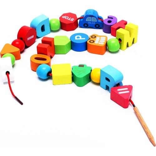 Children Handmade DIY Wooden Large Beads Numbers Letters City Traffic Kindergarten Supplies Wood Block Toys Montessori Baby Gift
