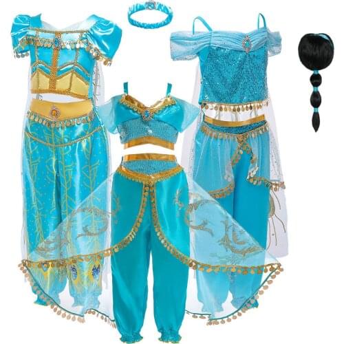 Girls Jasmine Costume and Wig Headband Kids Aladdin Blue Green Halloween Cosplay Princess Dresses Child Carnival Party Costume