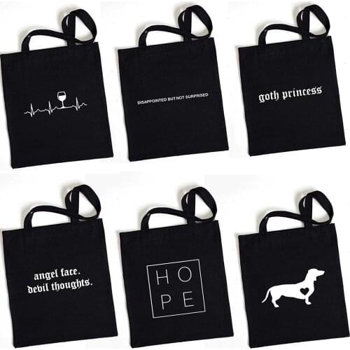Eco Reusable Girls Fashion Handbag Black Ladies Shopper Bags Canvas Tote Bag Harajuku Tumblr Graphic Shopping Bag