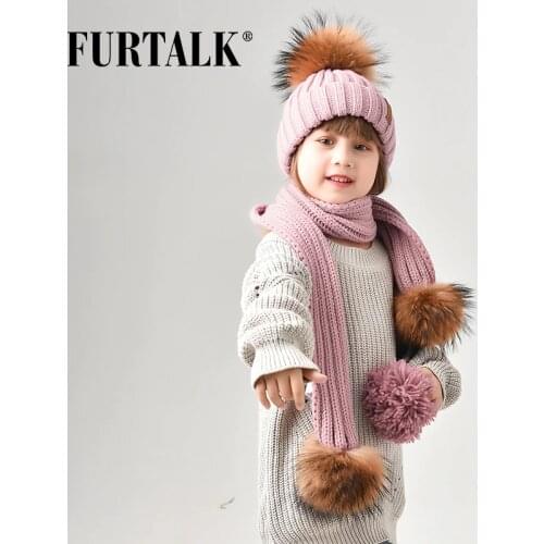 FURTALK Winter Children Hat Beanie Real Raccoon Fur Pompom Hat and Scarf Girls Fur Hats Boys Caps Scarves HTWL029