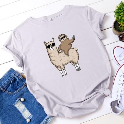 100% Cotton Oversize Womens T-shirt O-Neck Short Sleeve Harajuku Cartoon Alpaca Sloth Top Casual Female T shirt 2020 Summer