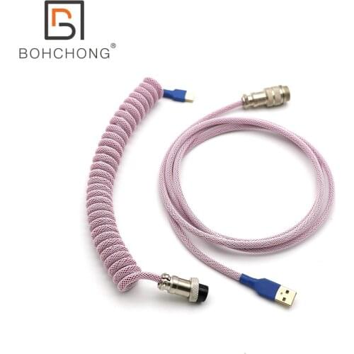 Custom Make Double Sleeved PET Coiled Spring Coiling Type C Mini Micro USB Cable for Mechanical Keyboard Cable With GX16 Aviator