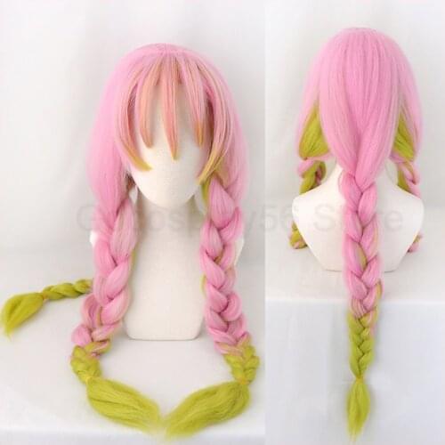 Demon Slayer Kanroji Mitsuri Cosplay Thick Braids Ponytails Kimetsu no Yaiba Gradient Pink Green Hair Halloween Adult