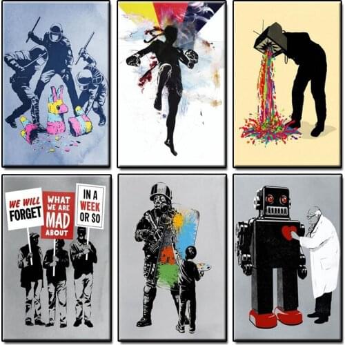 Room Abstract Graffiti Banksy Wall Art Police and Kids Watercolor Canvas Print Painting on The Wall Decoration Poster Picture