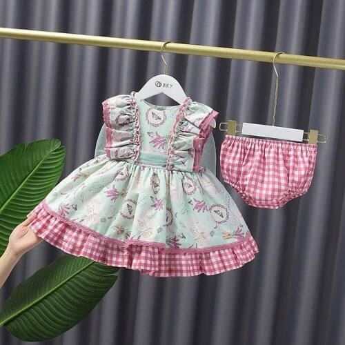 Summer Girl Kids Princess Cute Back Bow Clothing Sets Children Baby Infants Plaid Ruffle Dress+pp Short Pants Fashion Dresses