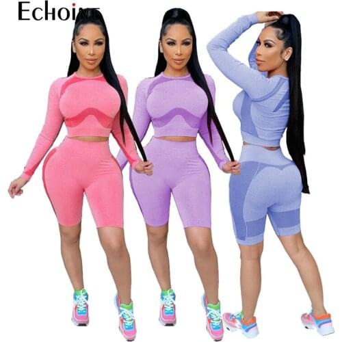 Echoine Summer Fitness Sport Two Piece Set Full Sleeve O-neck Crop Top and Tight shorts Women Sexy Tracksuit Matching Outfits