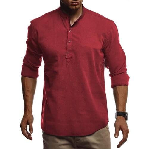 Linen Shirt Long Sleeve Stand Collar Solid Color Mens Shirt Slim Casual Pullover Shirt High Quality Hot Sale Mens Clothing