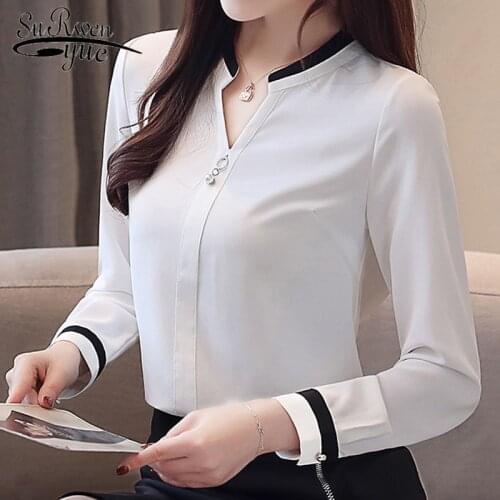 Fashion ladies long shirt feminine blouses chiffon blouse shirt Vcollar office work white blouse womens tops and blouses 2430 50