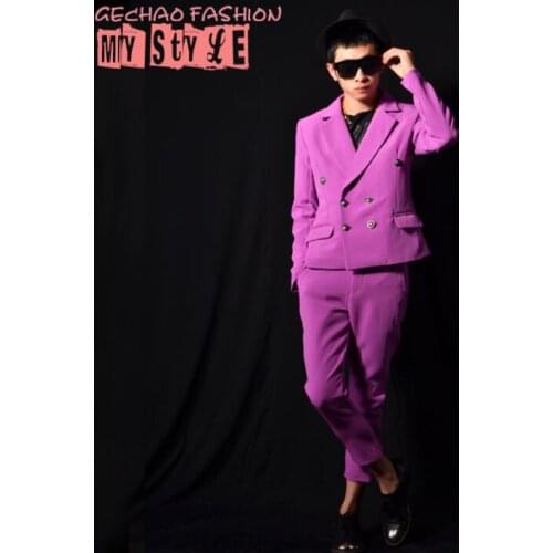 Purple blazer men suits designs jacket mens Double breasted coat stage costumes singers clothes dance star style dress punk rock