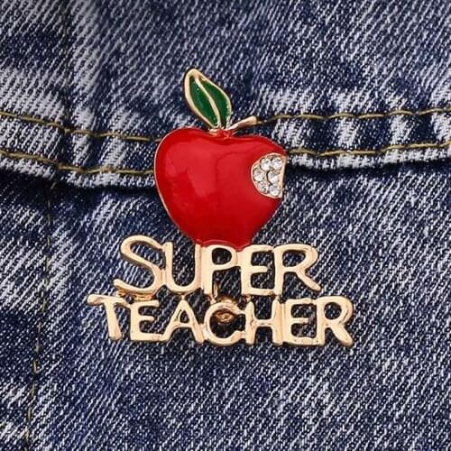 New Enameled Christmas Red Apple and Super Teacher Brooch Pins for Xmas Days Gifts With Crystal Brooch Pin Show Your Love