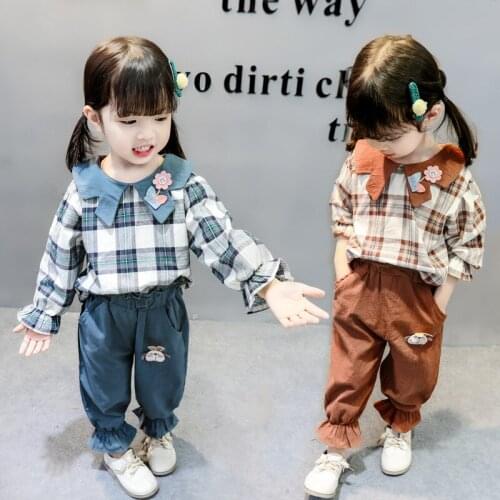 New Fashion Spring Fall Infant Baby Girl Clothes Set 2 Pieces Sweet Plaid Flower Doll Collar Lantern Sleeve Tops+trousers 0-24M