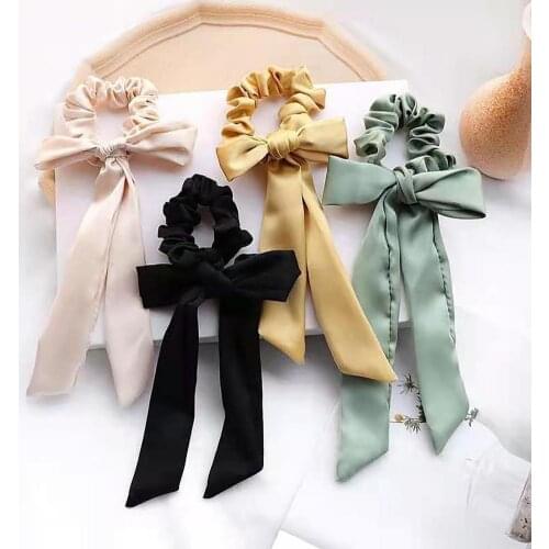 Durable Satin Face Long Ribbon Ponytail Holder Anti-fall Elastic Fabric Bow Solid Color Hair Rope Hair Scrunchie for Dating