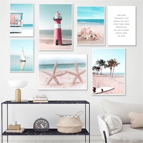Conch Starfish Beach Canvas Print Palm Tree Ocean Landscape Wall Art Poster Painting Lighthouse Wall Pictures Living Room Decor