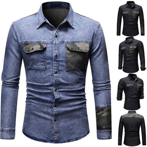Mens fashion leisure brand personality business long sleeve creative patchwork camouflage denim shirt mens shirts dress shirt