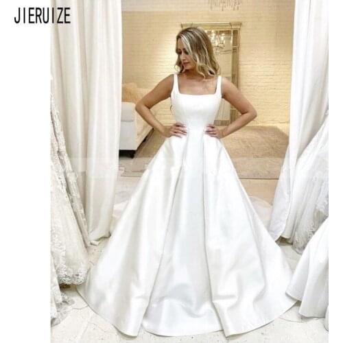 JIERUIZE White Satin Wedding Dresses Square Collar A Line Draped Bridal Gowns Cheap Lace Up Back Wedding Gowns robe mariage