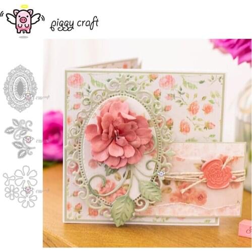 Piggy Craft metal cutting dies cut die mold Lace oval frame flowers leaves Scrapbook paper craft knife mould blade punch stencil