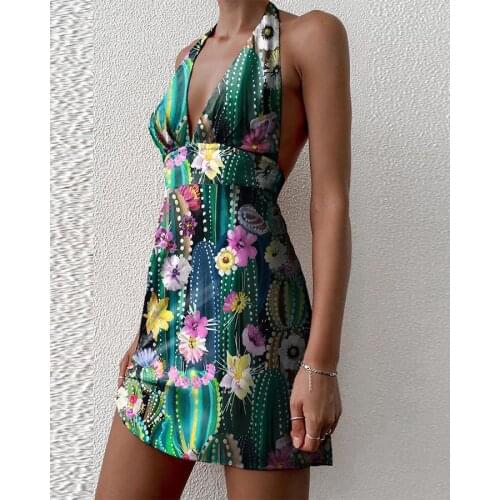 Wsevypo Women’s Floral Halter Bandage Dress Vintage Deep V-neck Backless A-line Short Dress Party Summer Elegant Ladies Sundress