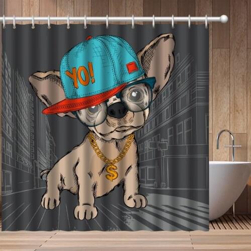 Cartoon Hip Hop Style Cat and Dog Digital Printed Shower Curtain 3D Polyester Waterproof and Mildew Resistant