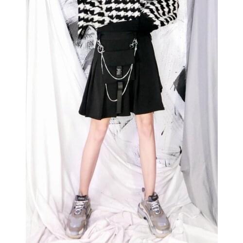 Punk Black Irregular Pleated Pocket Skirts Women Gothic High Waist Harajuku Fashion Sexy Shorts Skirts Two Piece Suit
