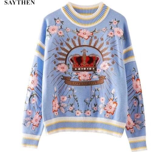 SAYTHEN Runway Luxury Winter Knitting Pullovers Womens High Quality Floral Crown Embroidery Casual Loose Blue Black Sweater
