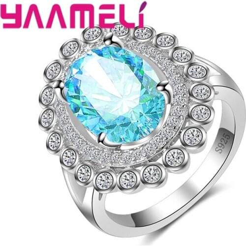 Hot Sale Big Oval Elegant 925 Sterling Silver Ring With Aqua Blue Clear Cubic Zirconia Crystal Women Party Jewelry