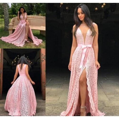 Pink Lace Side Split Sexy Prom Dresses Plunging V Neckline Zipper Back Vestidos De Novia with Bow Bridesmaid Special Party Gowns