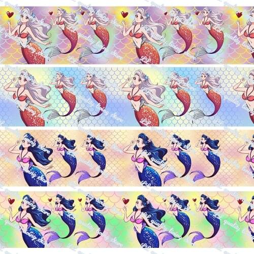 16-75MM Cartoon Mermaid Printed Grosgrain Ribbon 50 Yards/Roll Tape Clothing Bakery Gift Wrapping Accessory Hairbow Head