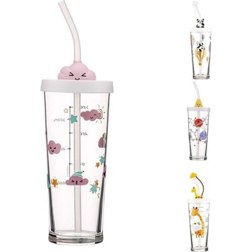425ml Clear Scale Straw Cup Cute Tempered Glass Water Cups with straw Water Drinking Cup Glass Tumblers Cup Straw Mug Drinkware