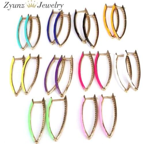 5 Pairs, Large V Shaped Hoop Earring Colored Enamel Gold Color CZ Micro Pave Earrings