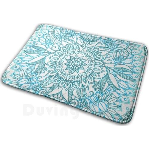 Turquoise Blue , Teal & White Protea Doodle Pattern Soft Non-Slip Mat Rug Carpet Cushion Micklyn Protea Doodle Proteas