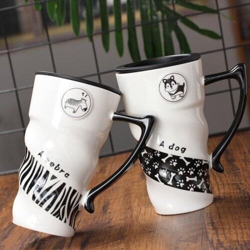 Threaded Black and White Panda Puppy Animal Large Capacity Mark Water Cup Cow Zebra Covered Office Ceramic Coffee Mug