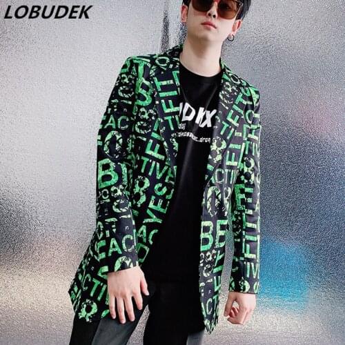 Mens Print Blazer Green Letter Pattern Slim Fit Suit-jackets Bar Evening Party Stage Singer Host Casual Coat Performance Wear