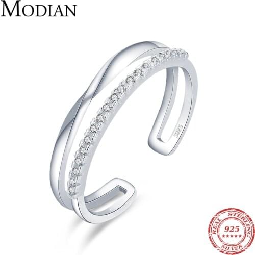 Modian 925 Sterling Silver Double Layer Adjustable Sparkling Clear CZ Charm Finger Ring For Women Wedding Engagement Jewelry
