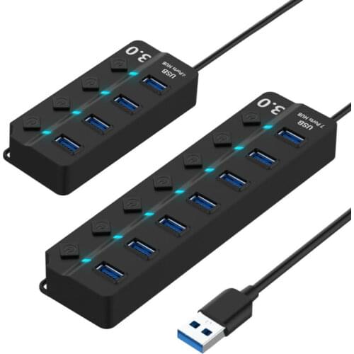 Fealushon 4/7 Port USB 3.0 Hub 5Gbps High Speed On Off Switches AC Power Adapter for PC